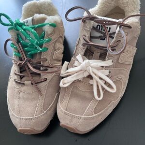 Miu Miu Beige Sneakers with Green and White Laces